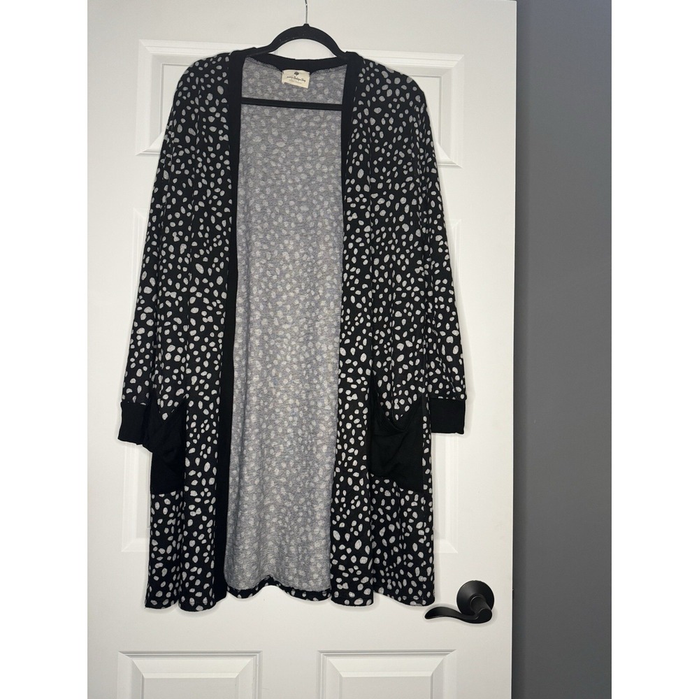 Betseys Boutique Shop Open Front Duster Cardigan Sweater Xl Black W Gray Print